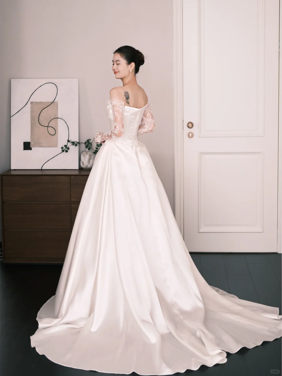 Off The Shoulder Satin Ballgown Wedding Dress Detachable Lace Sleeves Bridal Gown  NV7205