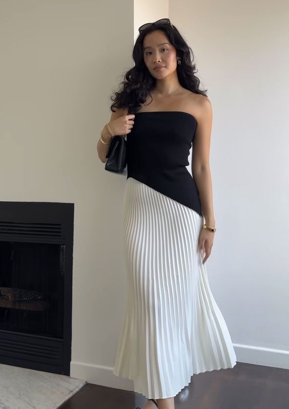 Schwarz-weißes schlichtes, elegantes Tube-Top, langes Ballkleid, Abendkleid, Partykleid, Homecoming-Kleid, NV2181