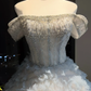 Light Ice Blue Off Shoulder Ball Gown Flutter Sleeve Beaded Corset Tiered Ruffle Tulle Fairy Prom Dress  NV6943