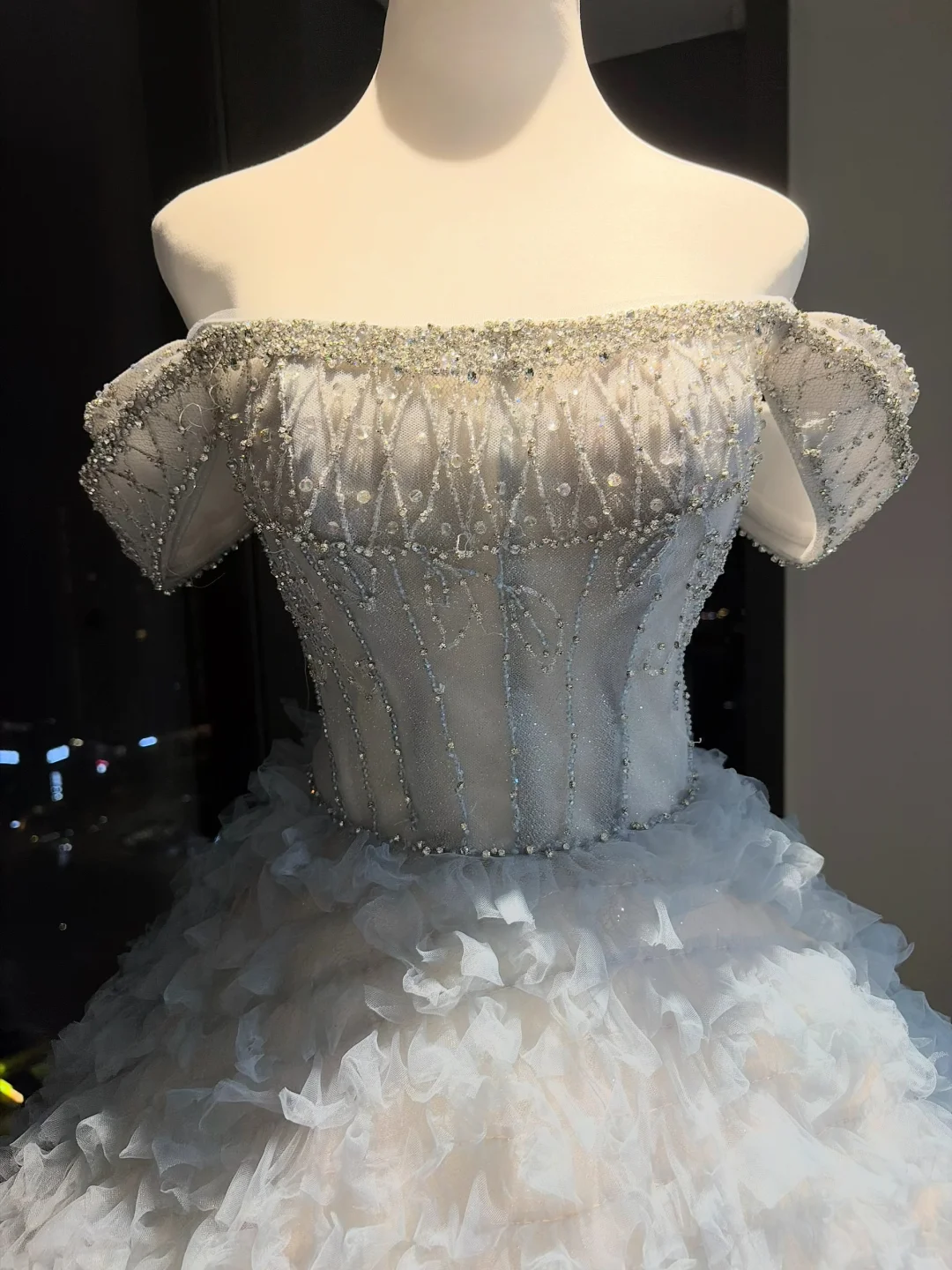 Light Ice Blue Off Shoulder Ball Gown Flutter Sleeve Beaded Corset Tiered Ruffle Tulle Fairy Prom Dress  NV6943