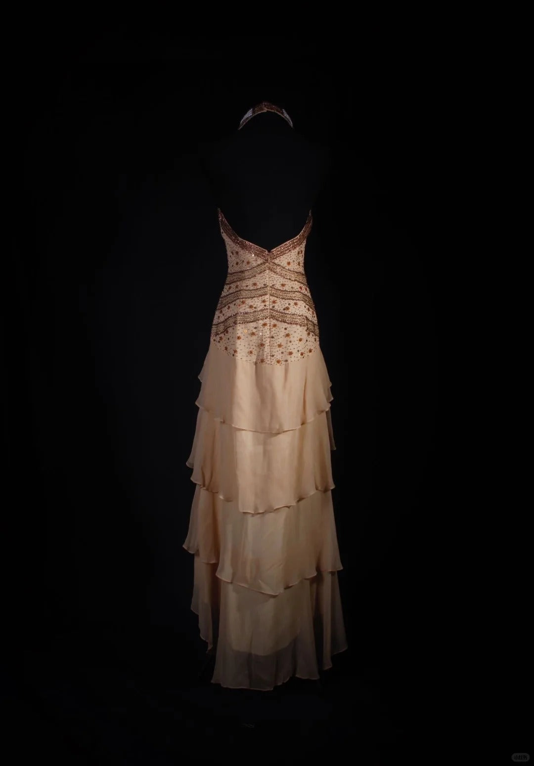 Khaki Perlenbesetztes, wunderschönes, exquisites, rückenfreies, trägerloses, langes Chiffon-Ballkleid mit Rüschen, Partykleid nv5209