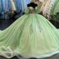 Green shiny applique elegant short sleeve long tulle ball gown evening dress Quinceanera dress nv3273