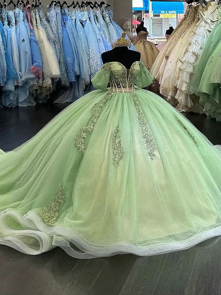 Green shiny applique elegant short sleeve long tulle ball gown evening dress Quinceanera dress nv3273