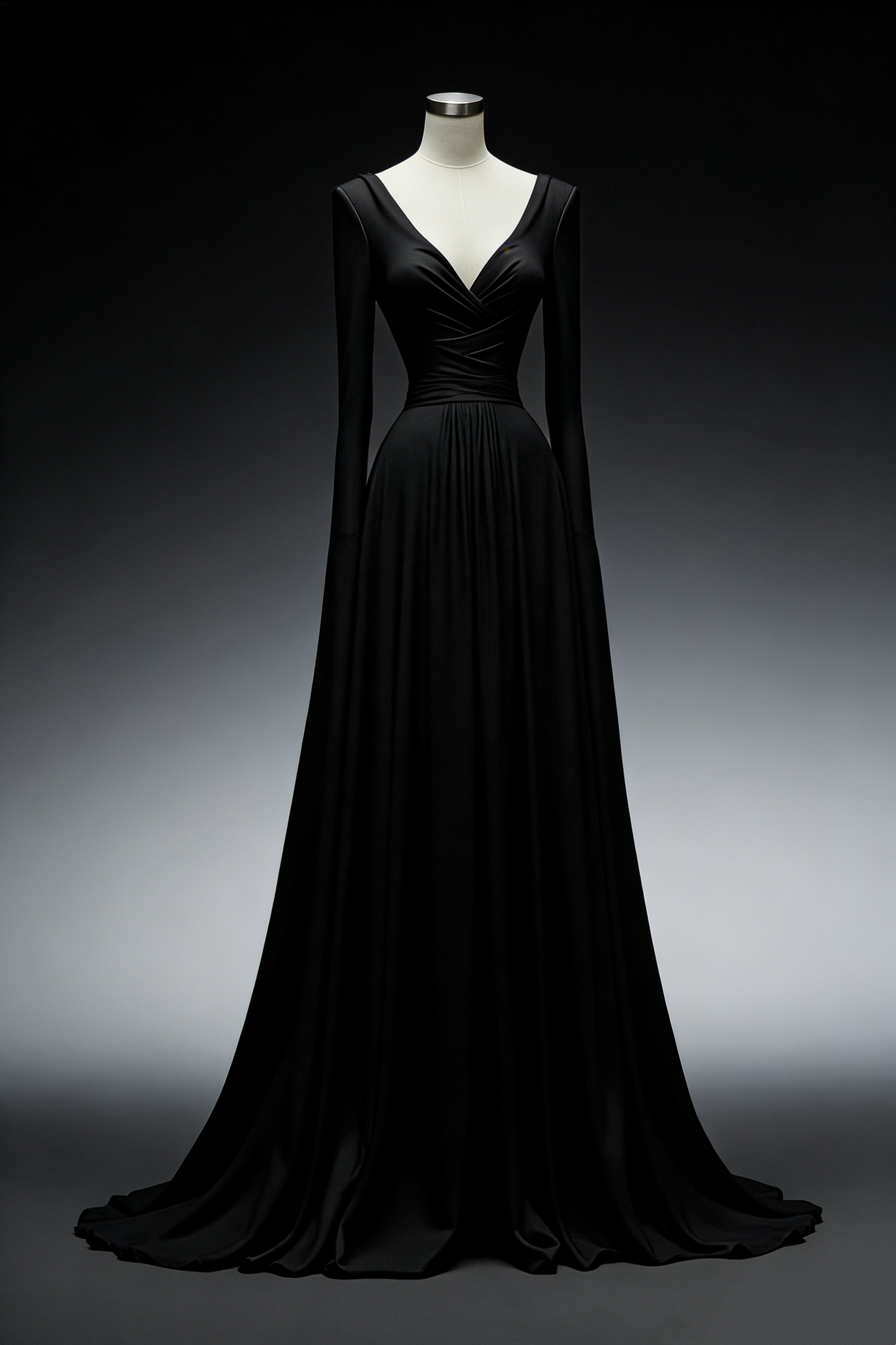 Black Deep V-Neck Long-Sleeve Draped Train Gown - Minimalist Evening Dress NV6775