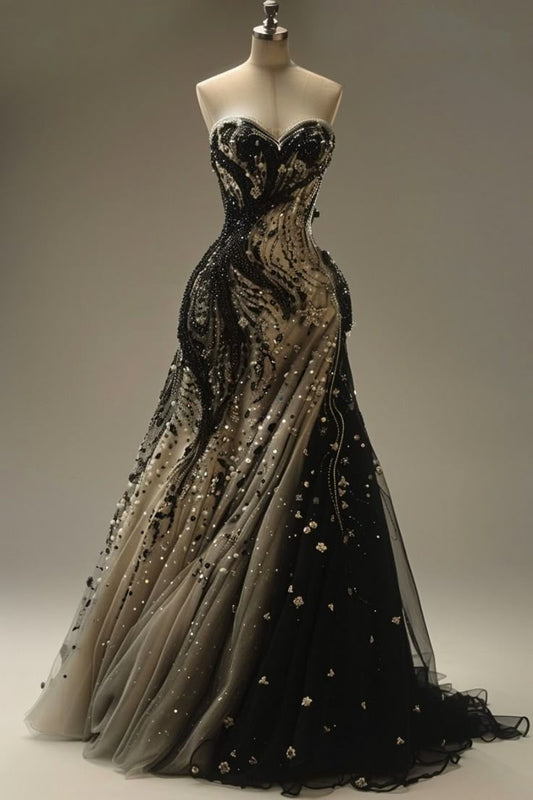 NiceVestidos-Schwarz-Grau Farbverlauf Tüll Trägerloses Meerjungfrauenkleid mit Perlenstickerei, bodenlang, verziert NV6213