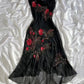 Robe de soirée longue en mousseline de soie, ornée de perles et de fleurs roses, style exquis, noire, nv5368