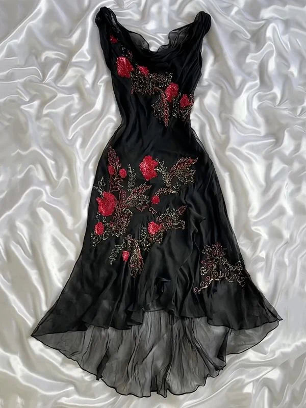 Robe de soirée longue en mousseline de soie, ornée de perles et de fleurs roses, style exquis, noire, nv5368
