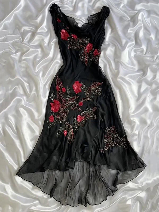 Robe de soirée longue en mousseline de soie, ornée de perles et de fleurs roses, style exquis, noire, nv5368