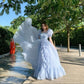 Blue sweet elegant tulle long short sleeve ball gown evening dress nv2922