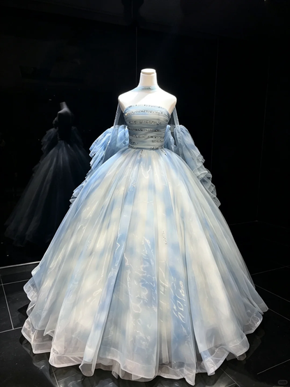 Strapless Sky Blue Cloud Print Tulle Prom Dress Beaded Bodice Detachable Puff Sleeve Princess Ball Gown  NV6992