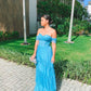 Blue off-the-shoulder short-sleeved tulle ruffled skirt long ball gown evening dress bridesmaid dress wedding guest dress nv2677