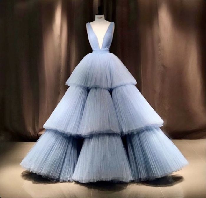 Blue tube top fashionable elegant long tulle layered ball gown evening dress party dress nv3027