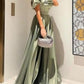 Green A-line elegant short sleeve off-shoulder satin pleated dress formal floor-length ball gown evening gown party dress nv2466