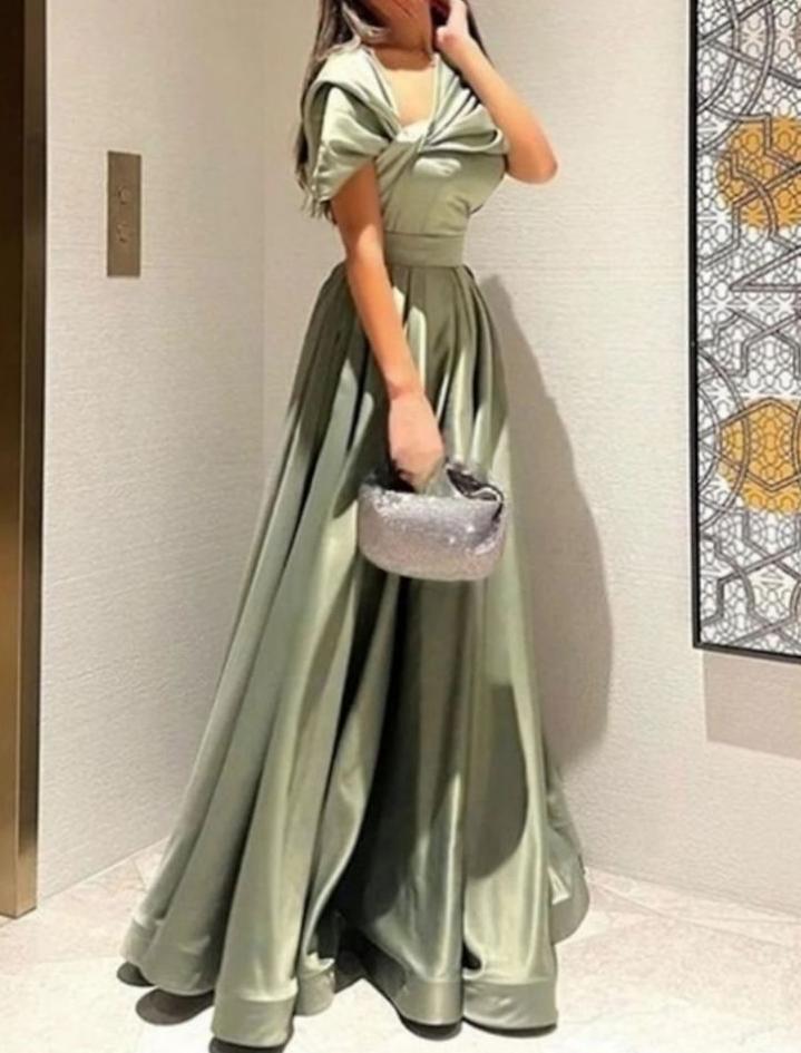 Green A-line elegant short sleeve off-shoulder satin pleated dress formal floor-length ball gown evening gown party dress nv2466