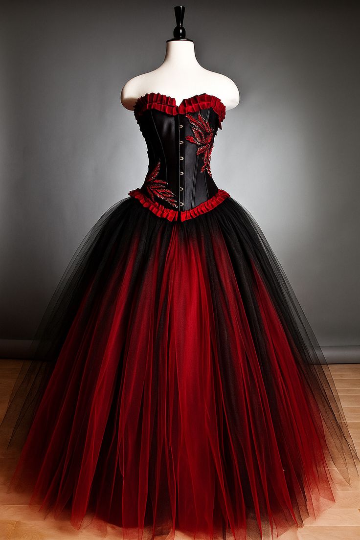 NiceVestidos – Schwarzes und rotes, zartes, perlenbesetztes langes Vampir-Ballkleid im Vintage-Stil aus Tüll NV6020