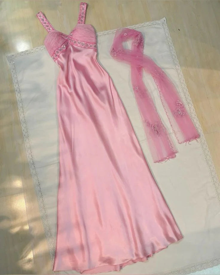 Pink Fashion Shiny Beading Elegant Long Satin Tulle Ball Gown Evening Dress Party Dress nv3973