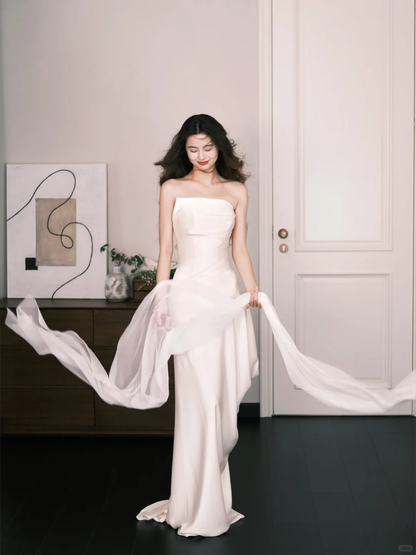 Simple Strapless Satin Mermaid Bridal Gown with Chiffon Sash  NV7308