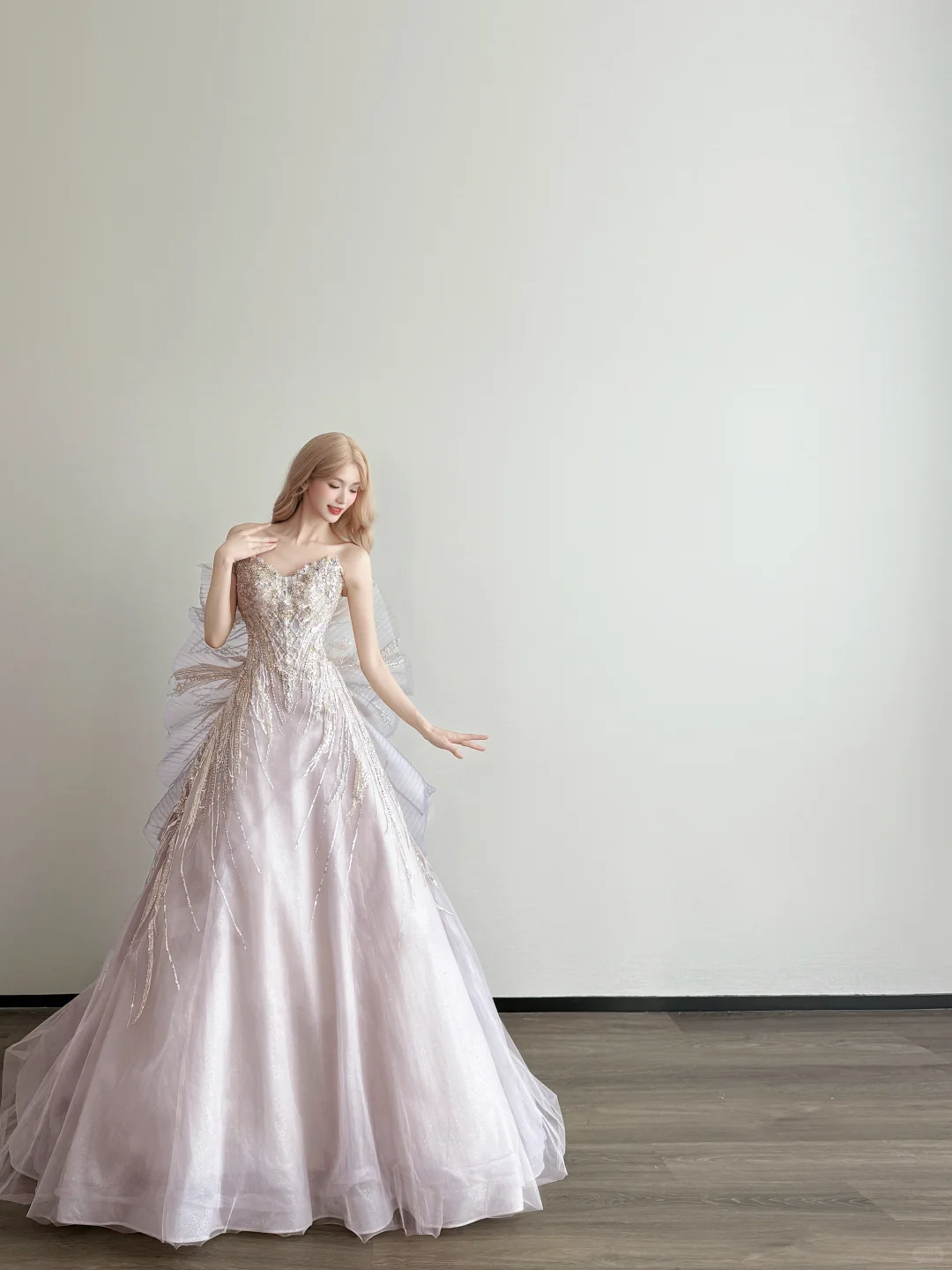 Light Lavender Strapless Prom Gown Beaded Tassel Sequin Big 3D Tulle Bow A Line Sparkly Evening Dress  NV7162