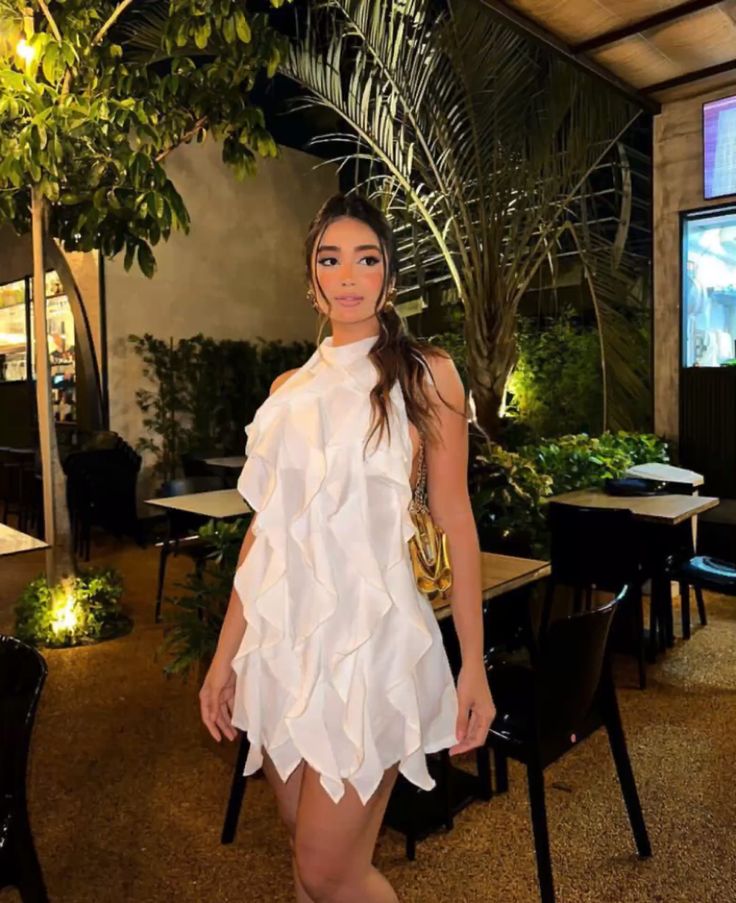 Robe de soirée courte en mousseline de soie, simple et élégante, à volants, blanche, nv2388