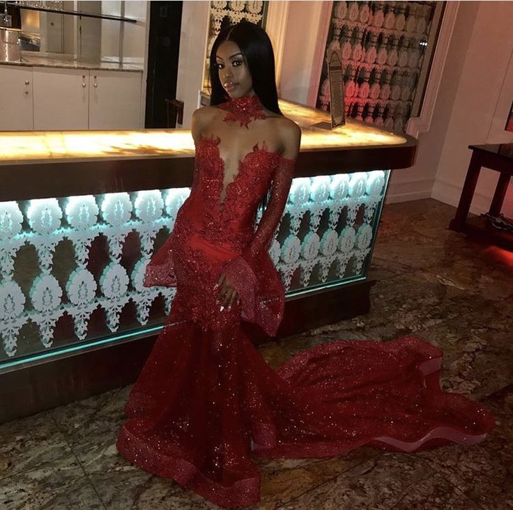 Red gorgeous shiny elegant lace long trailing ball gown prom dress evening dress nv3235