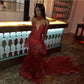 Red gorgeous shiny elegant lace long trailing ball gown prom dress evening dress nv3235