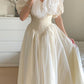 Beige Vintage Lace Puff Sleeve Ruffles V Neck Soft Long Princess Dress Ball Gown Evening Dress nv2834