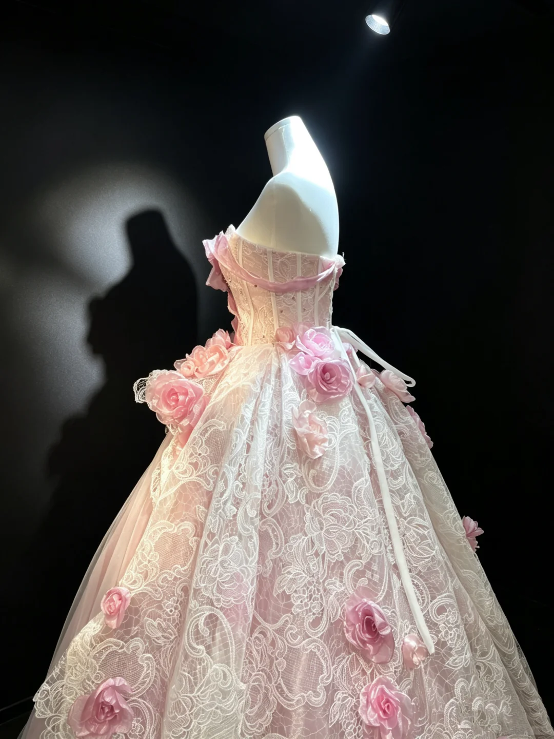 Pink Strapless Ball Gown Satin Bow Lace Corset 3D Floral Lace Overlay Tulle Fairy Prom Dress  NV6944