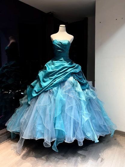 Turquoise Strapless Ball Gown Beaded Rhinestone Ruffle Tulle Formal Dress  NV6962