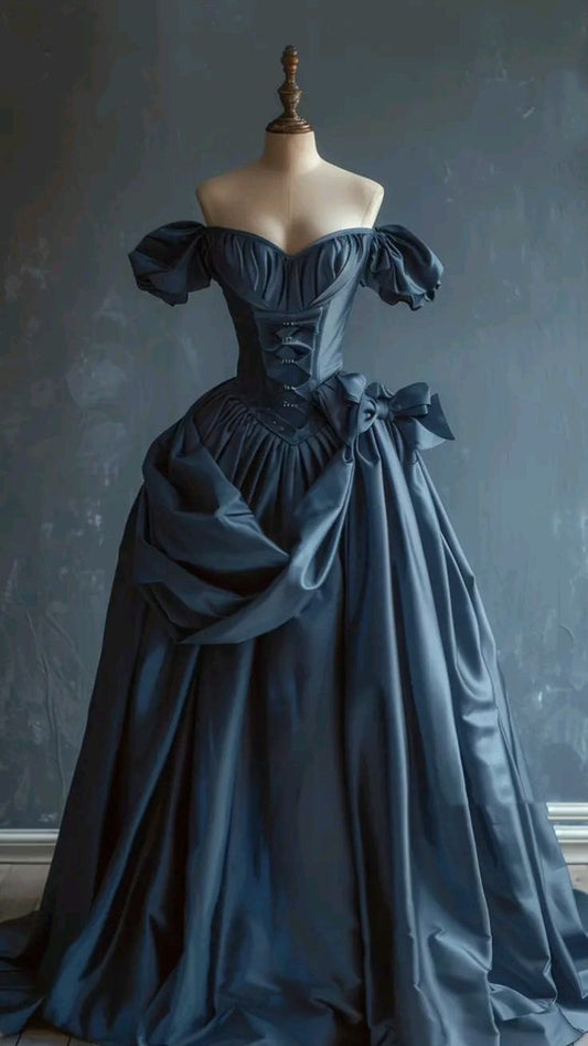 Ballkleid im Retro-Stil aus tiefblauem Satin mit Carmen-Ausschnitt und betonter Taille – Abendkleid &amp; Ballkleid im Retro-Stil NV6384