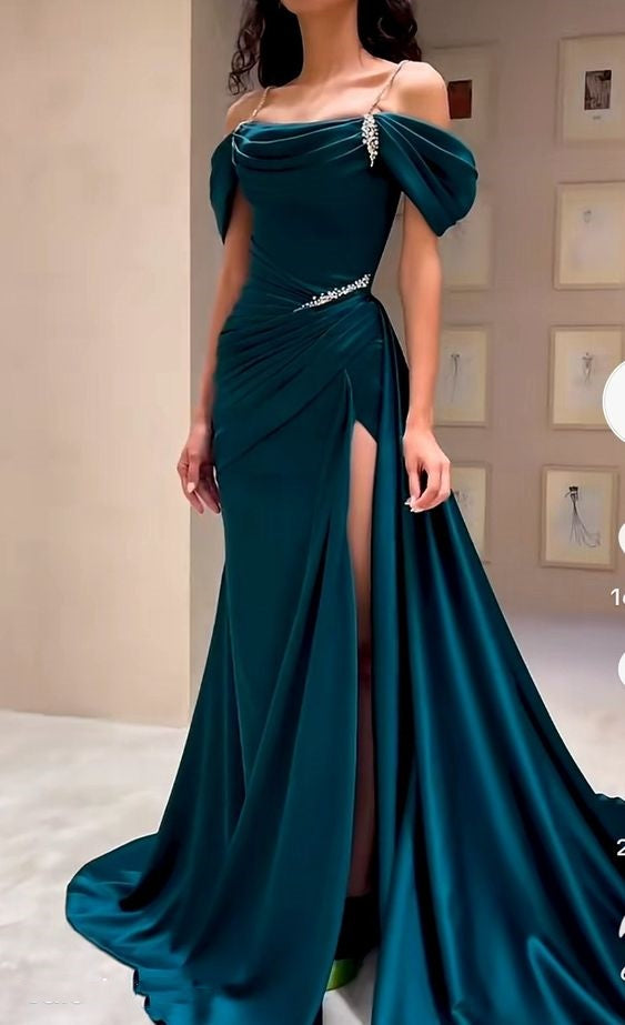 Dark green elegant fashion rhinestone chain strapless shoulder long slit evening dress prom dress nv2636