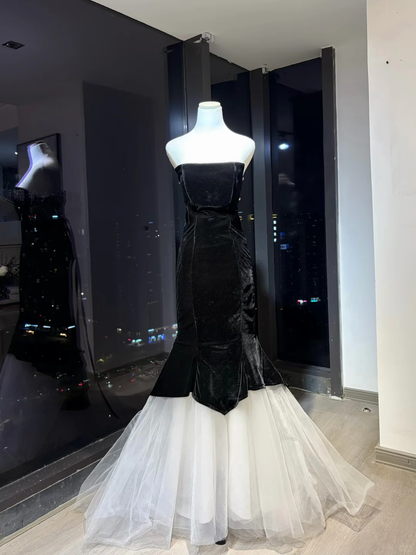 Black Strapless Velvet Mermaid Dress White Tulle Hem Contrast Formal Prom Gown  NV6947