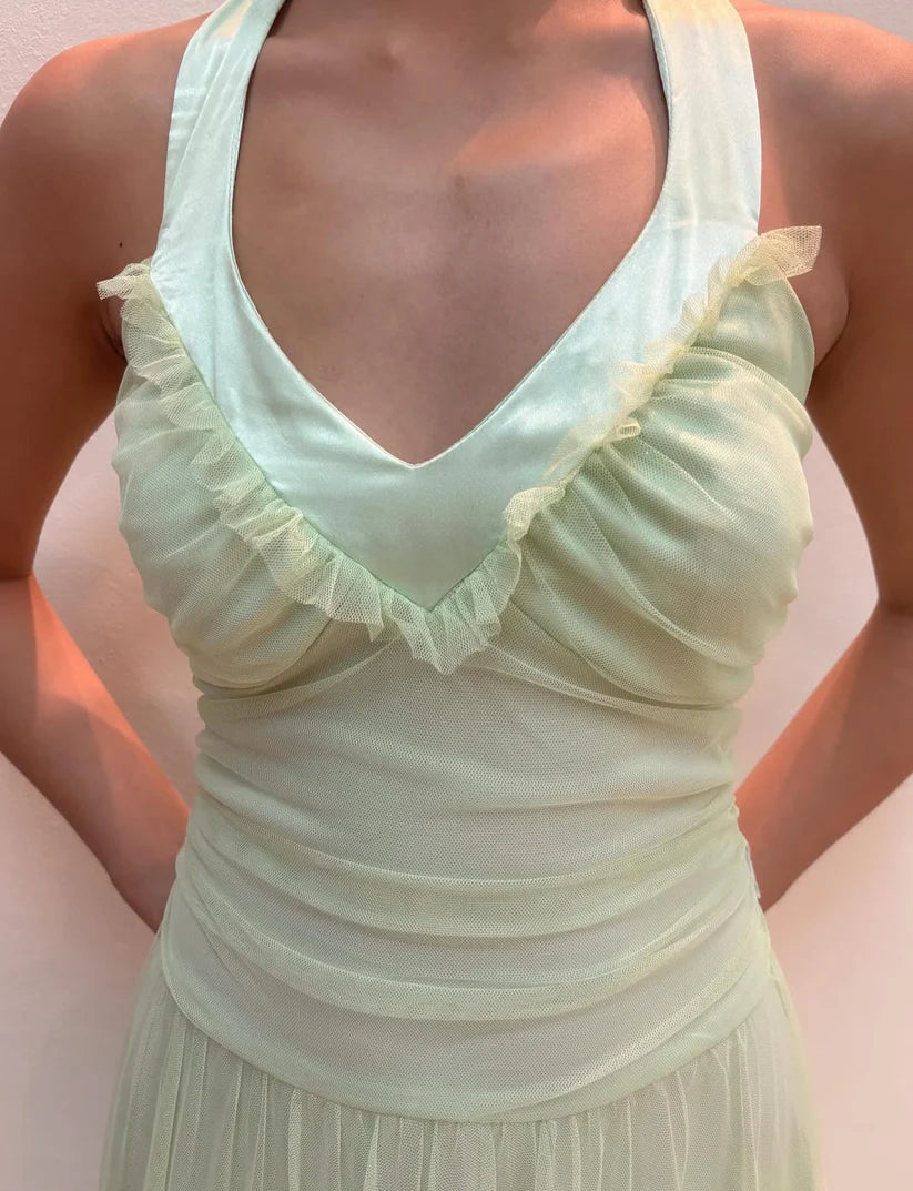 NiceVestidos - Ärmelloses, hellgrünes, bodenlanges A-Linien-Abendkleid aus Tüll mit Neckholder NV5773