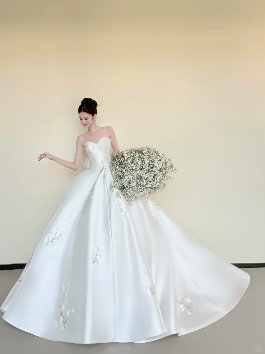 White Sweetheart Satin Ballgown Wedding Dress, Floral Embroidery Tulle Cape Bridal Gown  NV7440
