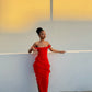 Red shoulder strap ruffle long ball gown evening dress wedding guest party dress nv2901