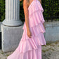 Robe de soirée longue en mousseline de soie rose à volants, jolie et mignonne, longueur au sol, pour bal de promo, pour 22e anniversaire, nv3904