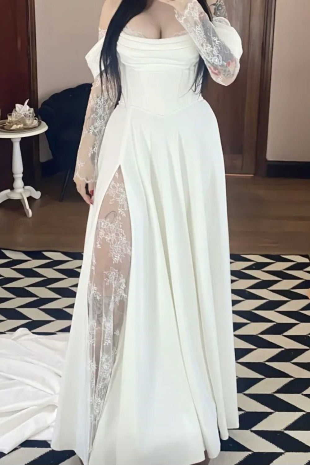 Cream Satin Off-the-Shoulder Lace Sleeve Slit Floor-Length Elegant Wedding Dress NV6232
