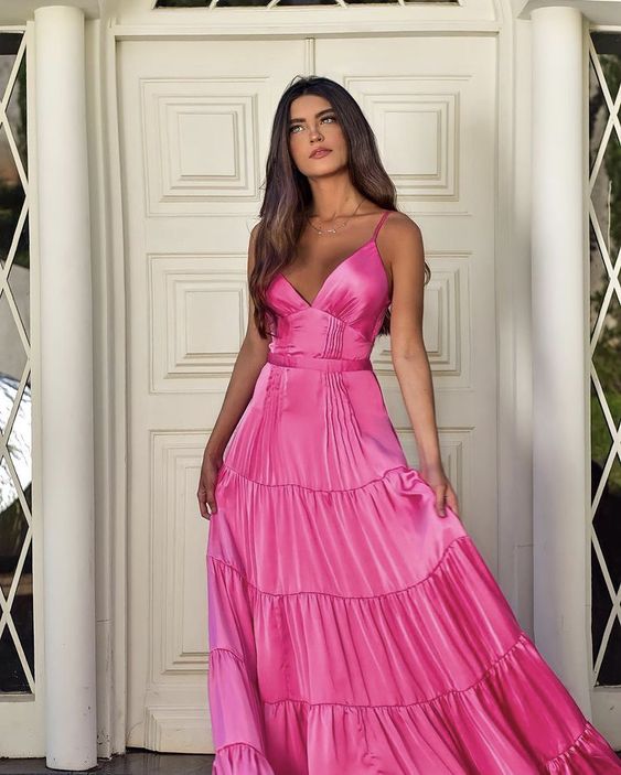 Pink Fashion Simple Elegant A-line Long Silk Satin Ball Gown Birthday Party Dress Evening Dress nv2544