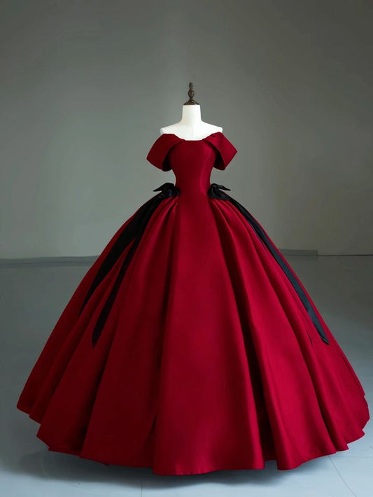 Red short sleeve black bow ribbon long elegant satin ball gown evening dress graduation dress banquet outfit nv2987