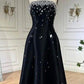 Black Shiny Elegant Crystal Mirror Decoration Off Shoulder A-Line Long Satin Ball Gown Evening Dress nv3158