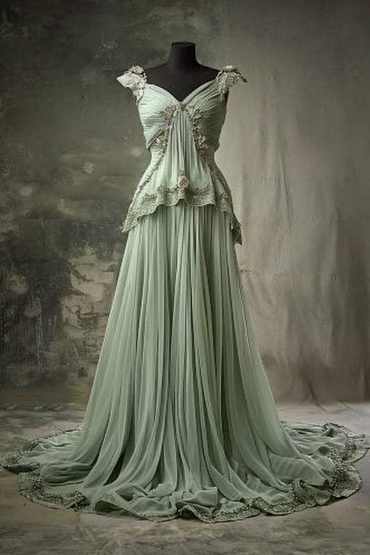 Grünes, florales, elegantes, langes Tüll-Ballkleid nv4836