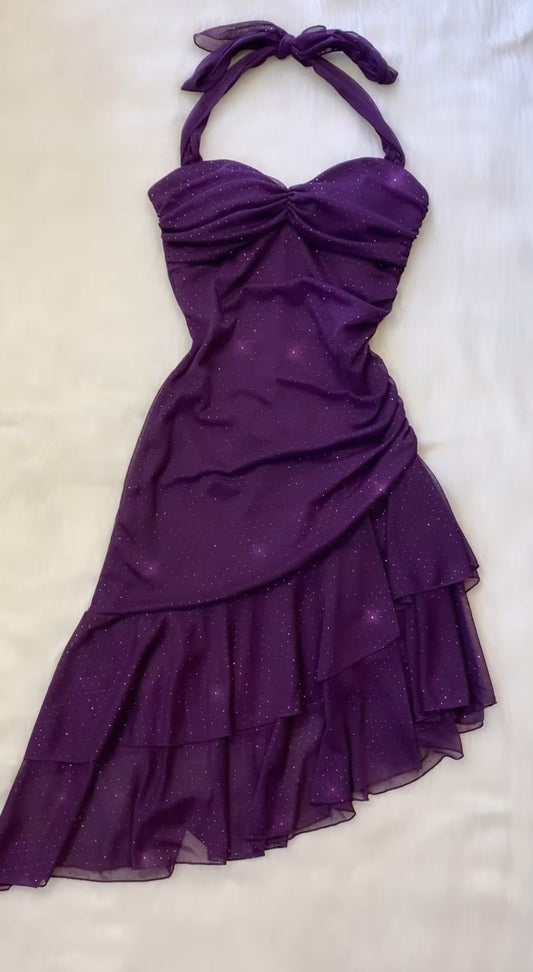 NiceVestidos--Purple backless sleeveless pleated layered hem short dress NV5752