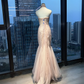 Strapless Nude Pink Mermaid Prom Dress Full Body Rhinestone Chain Beading Flowy Tulle Evening Gown  NV6984