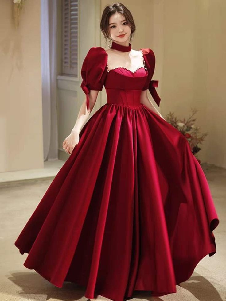 Burgundy Sweetheart Neck Short Sleeve Long Satin Ball Gown Evening Dress Birthday/Holiday Party Dress nv3082