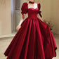 Burgundy Sweetheart Neck Short Sleeve Long Satin Ball Gown Evening Dress Birthday/Holiday Party Dress nv3082