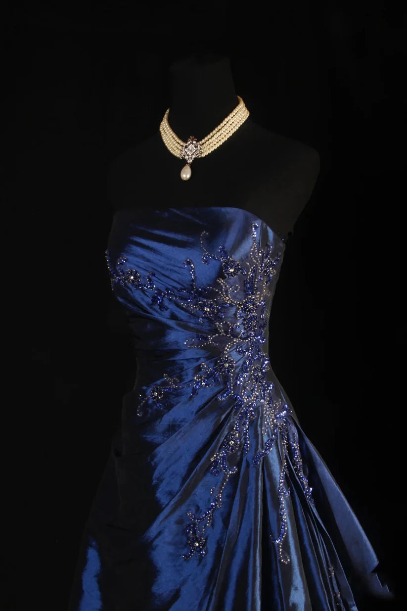 Marineblau Wunderschönes glänzendes Vintage-Mode-Schulterfreies, exquisites, langes Satin-Ballkleid mit Perlenbesatz, elegantes Partykleid, Abschlussballkleid nv3852