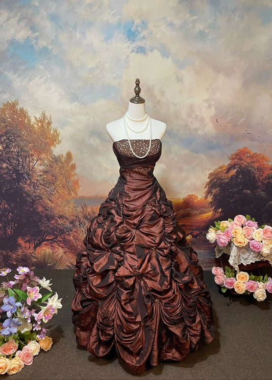 Braun Vintage Elegant Vintage Mode Romantisch Exquisite Perlen Blumen Lange Bodenlang Satin Ballkleid Abendkleid Ballkleid nv4077