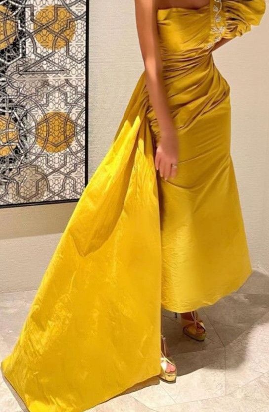 Yellow fashion simple elegant one-sleeve pleated long formal prom dress evening dress party dress nv2531