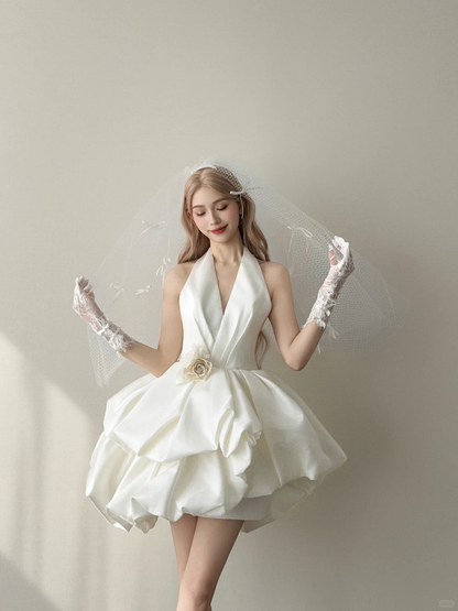 White Halter Deep V Bubble Mini Wedding Dress With 3D Flower  NV7142