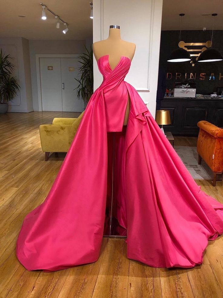 Pink Fashion V-neck Tube Top Long Slit Sexy Elegant Trailing Ball Gown Evening Dress nv3280