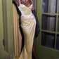 Robe de soirée longue en satin et dentelle beige nv4870